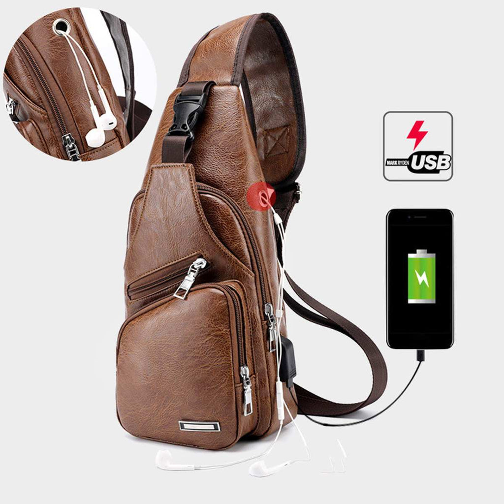 New Men's Chest Bag USB Charging Crossbody Bags PU Leather Shoulder Bag Diagonal Package Back Pack Travel Outdoors Messenger Bag