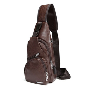 New Men's Chest Bag USB Charging Crossbody Bags PU Leather Shoulder Bag Diagonal Package Back Pack Travel Outdoors Messenger Bag