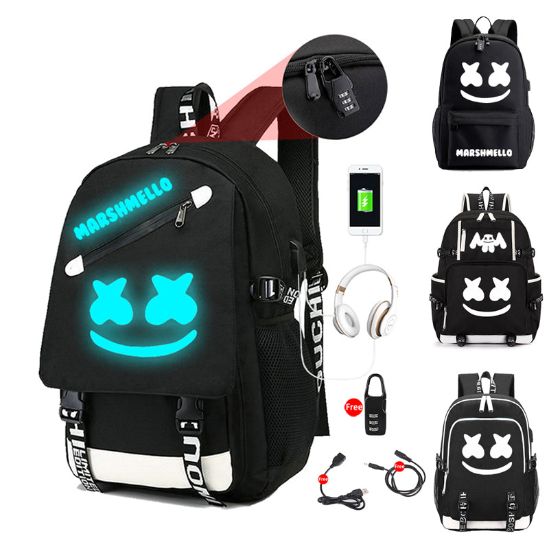 DJ Marshmallow luminous backpack multifunction USB charging Anti-theft for teenagers boys Girls Student School Bag Laptop bag